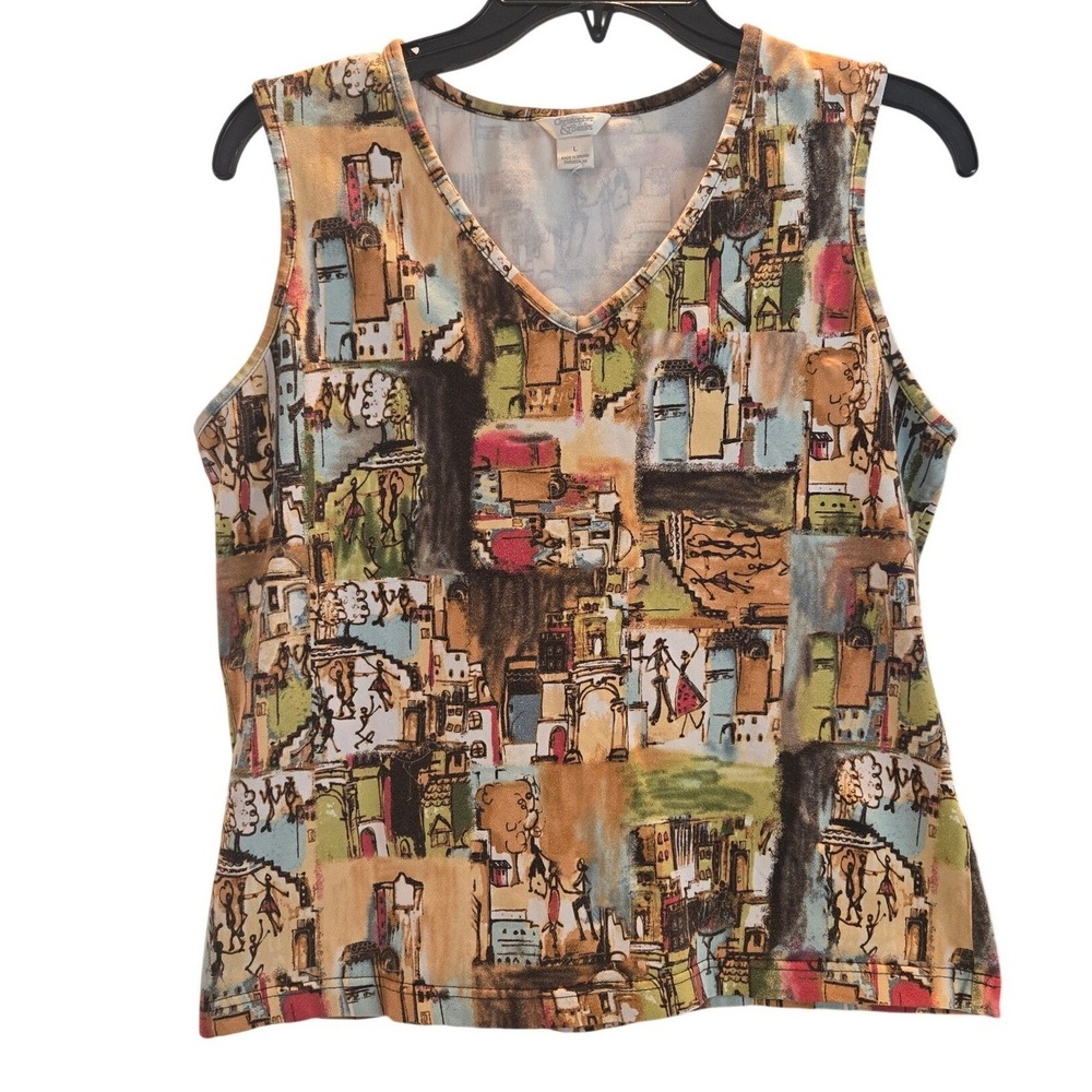 Y2K Christopher & Banks Tank Top Euro Village Print Sleeveless V-Neck Large